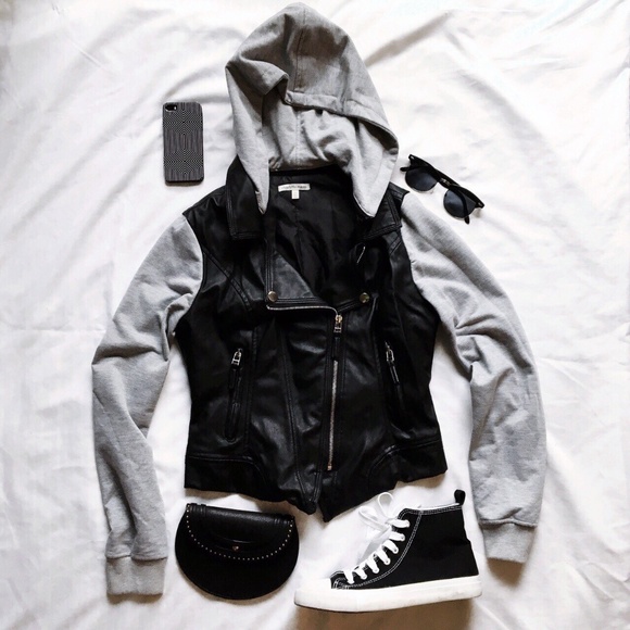 Jackets & Blazers - Faux Leather Combo Jersey Sweater Hoodie Jacket